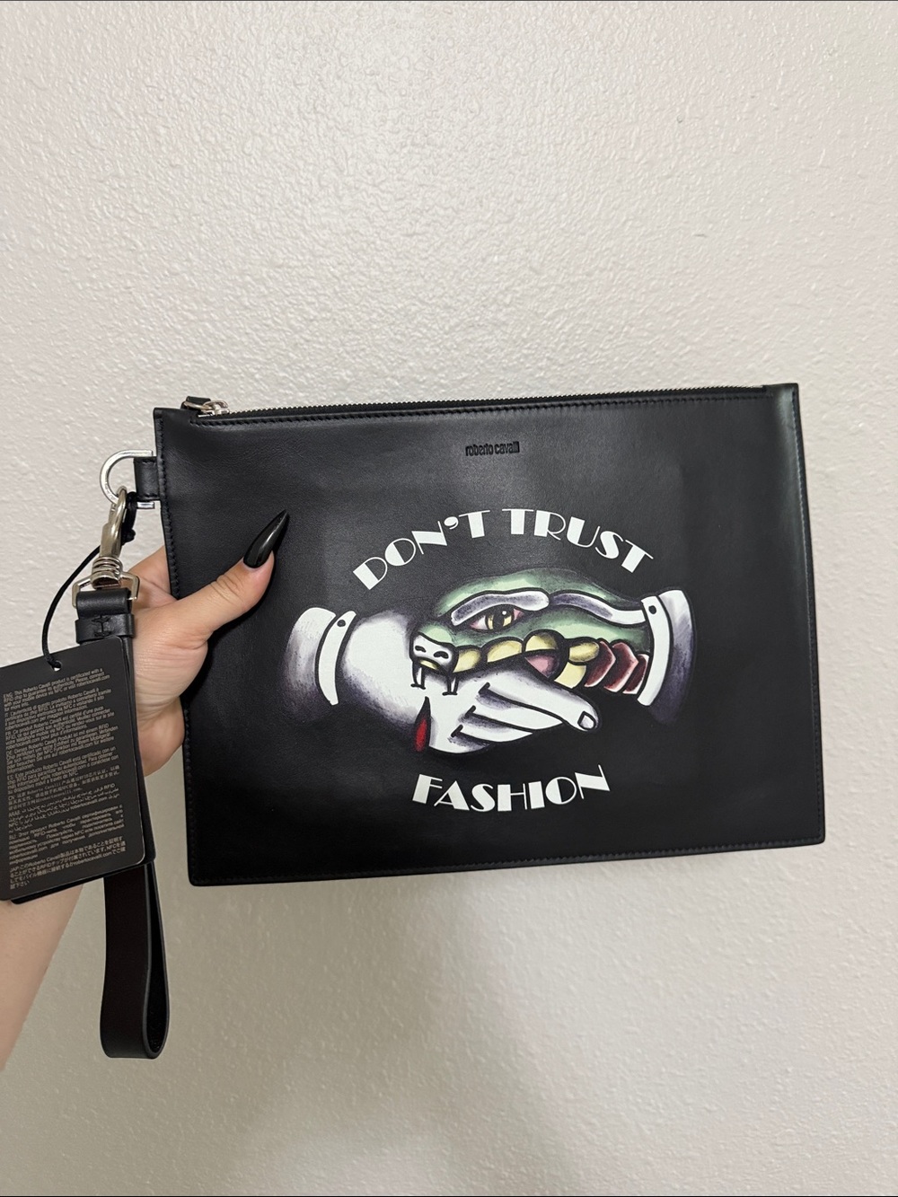 Roberto Cavalli Black Leather 'Don't Trust Fashion' Graphic Toiletry Pouch